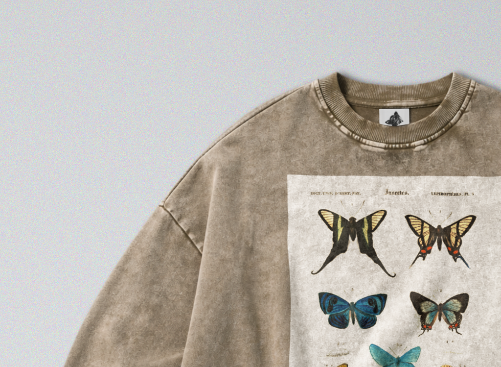 Oversized Snow Washed Cotton Sweatshirt - Vibrant Butterflies Print
