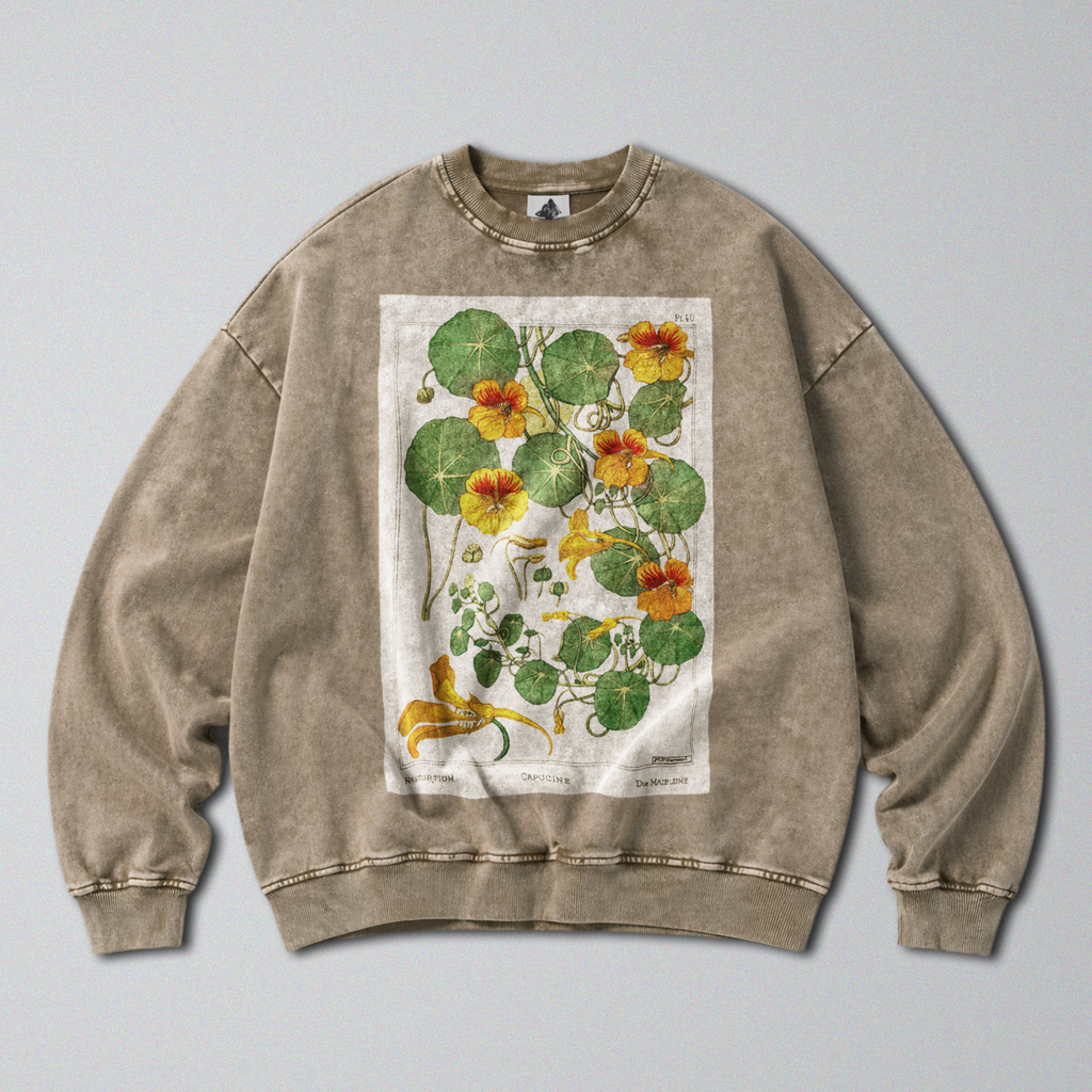 Oversized Snow Washed Cotton Sweatshirt - Vibrant Capucine Flower Print