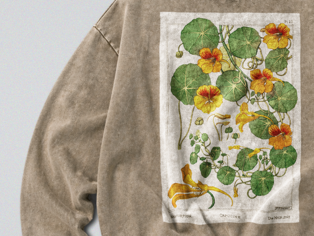 Oversized Snow Washed Cotton Sweatshirt - Vibrant Capucine Flower Print