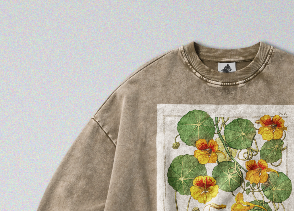 Oversized Snow Washed Cotton Sweatshirt - Vibrant Capucine Flower Print