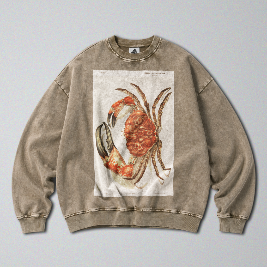 Oversized Snow Washed Cotton Sweatshirt - Giant Red Tasmanian Crab Print