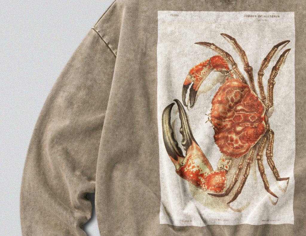 Oversized Snow Washed Cotton Sweatshirt - Giant Red Tasmanian Crab Print