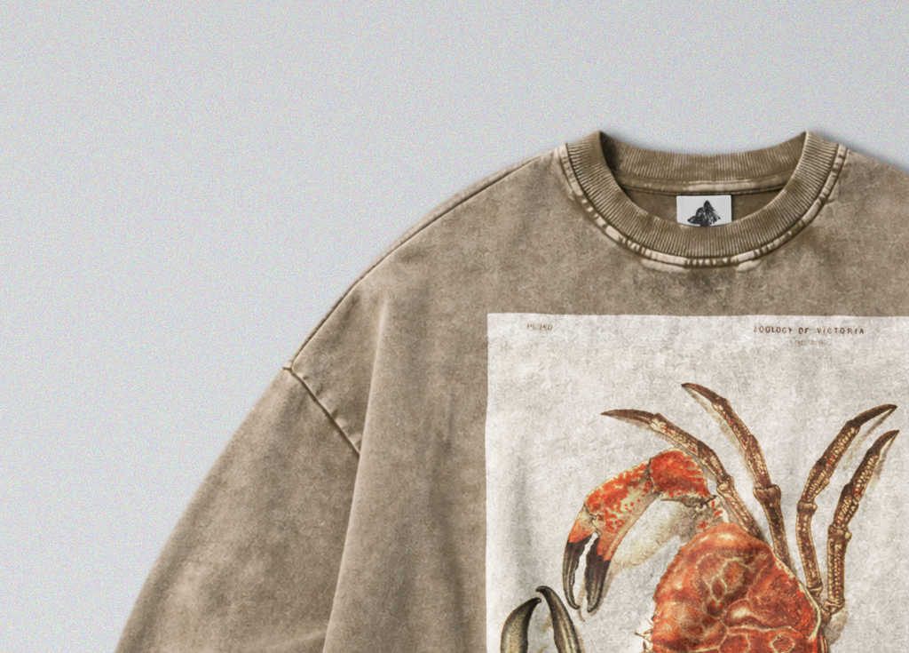Oversized Snow Washed Cotton Sweatshirt - Giant Red Tasmanian Crab Print