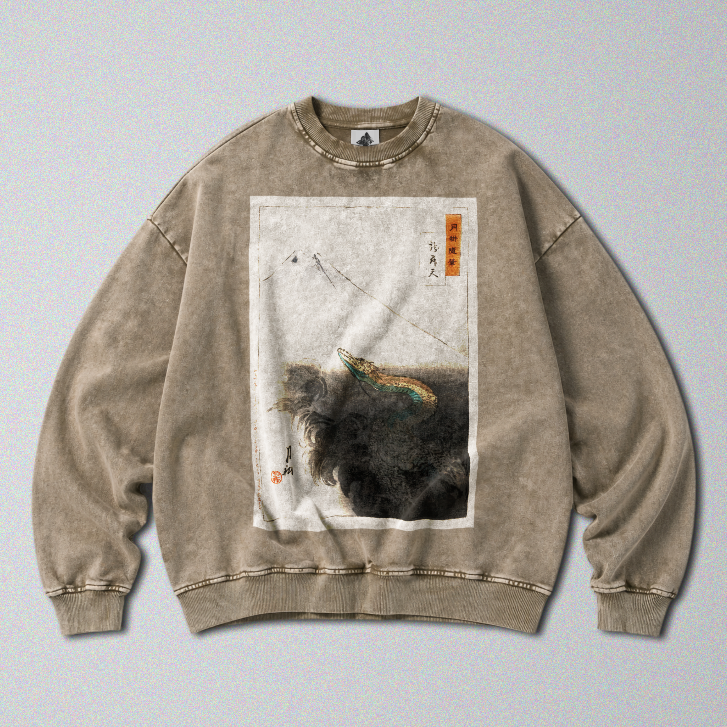 Oversized Snow Washed Cotton Sweatshirt - Japanese Dragon & Mountain Print