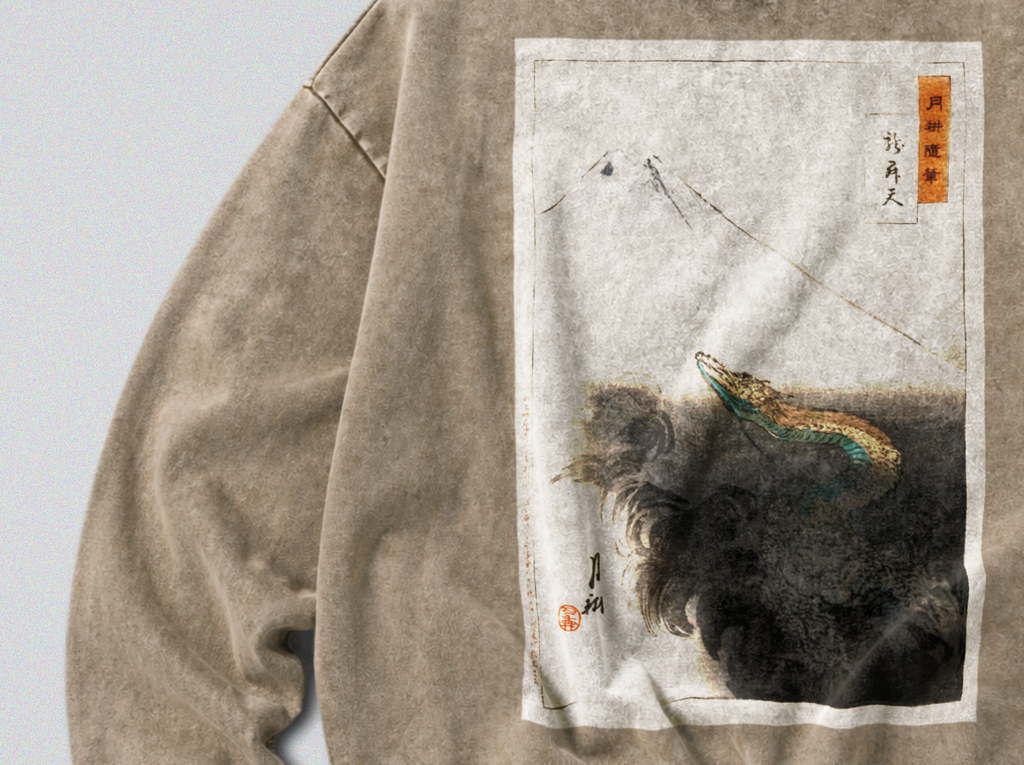 Oversized Snow Washed Cotton Sweatshirt - Japanese Dragon & Mountain Print