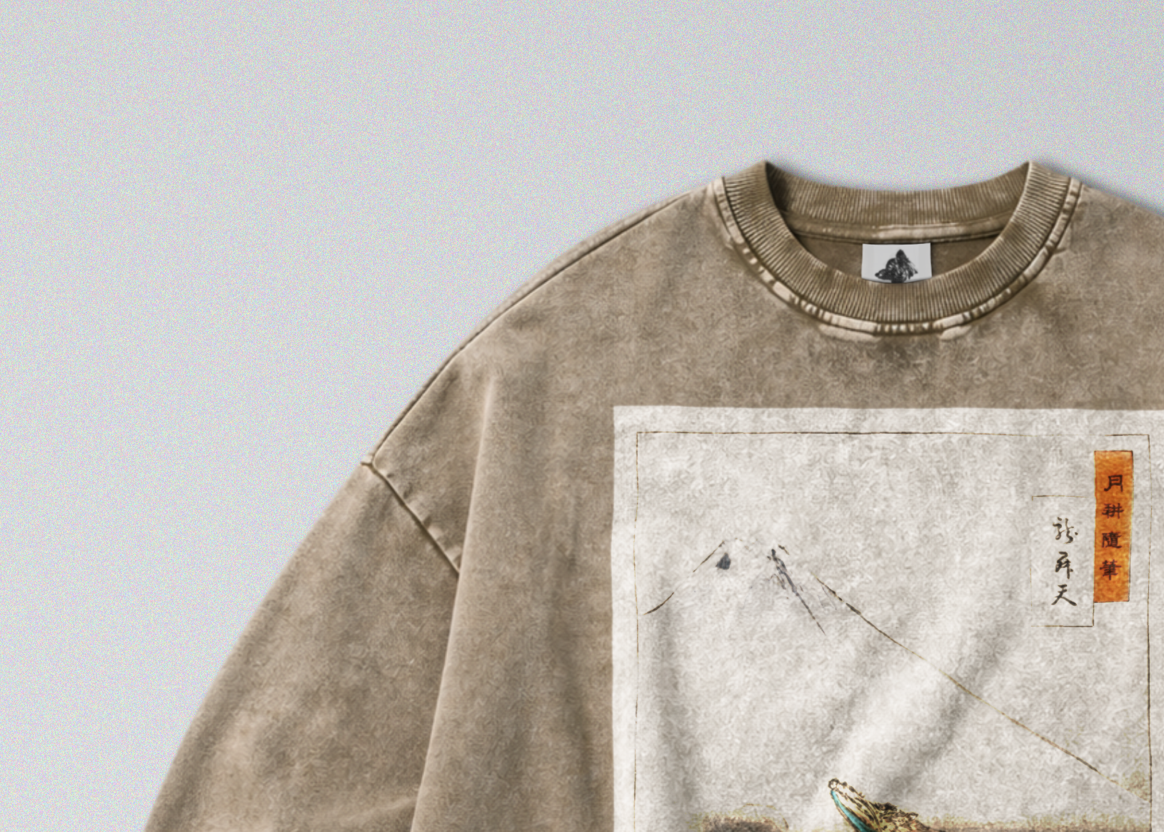 Oversized Snow Washed Cotton Sweatshirt - Japanese Dragon & Mountain Print