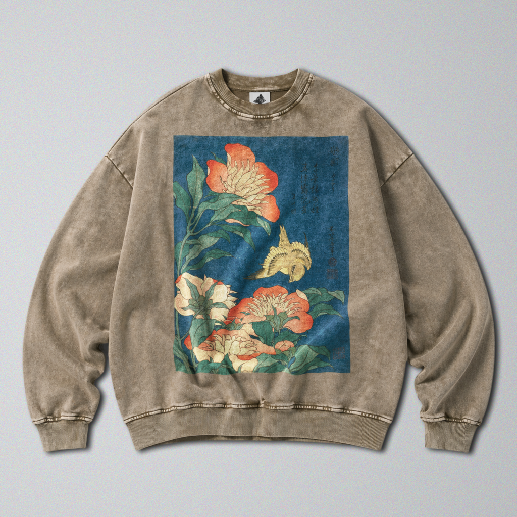 Oversized Snow Washed Cotton Sweatshirt - Japanese Flowers & Canary Print