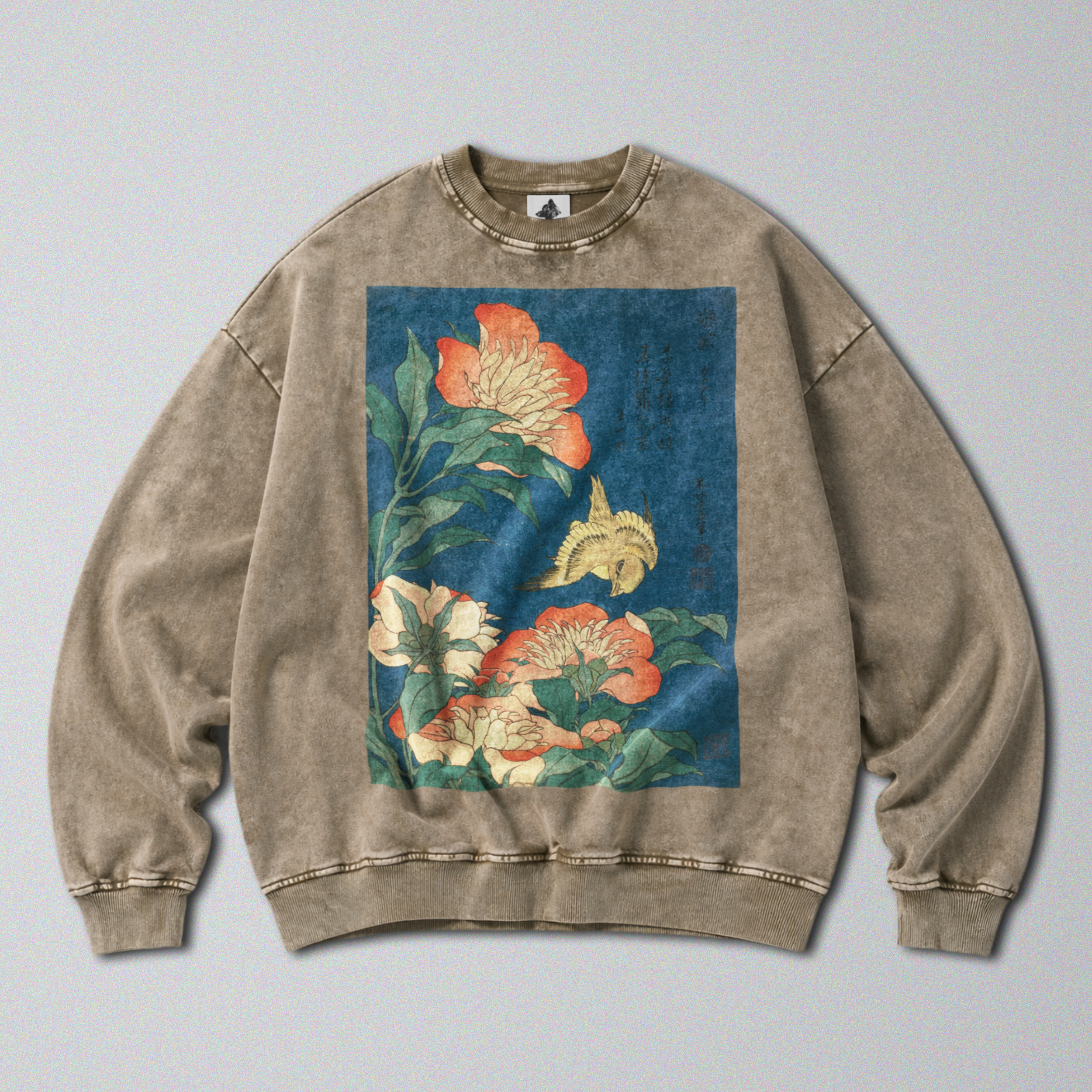 Oversized Snow Washed Cotton Sweatshirt - Japanese Flowers & Canary Print