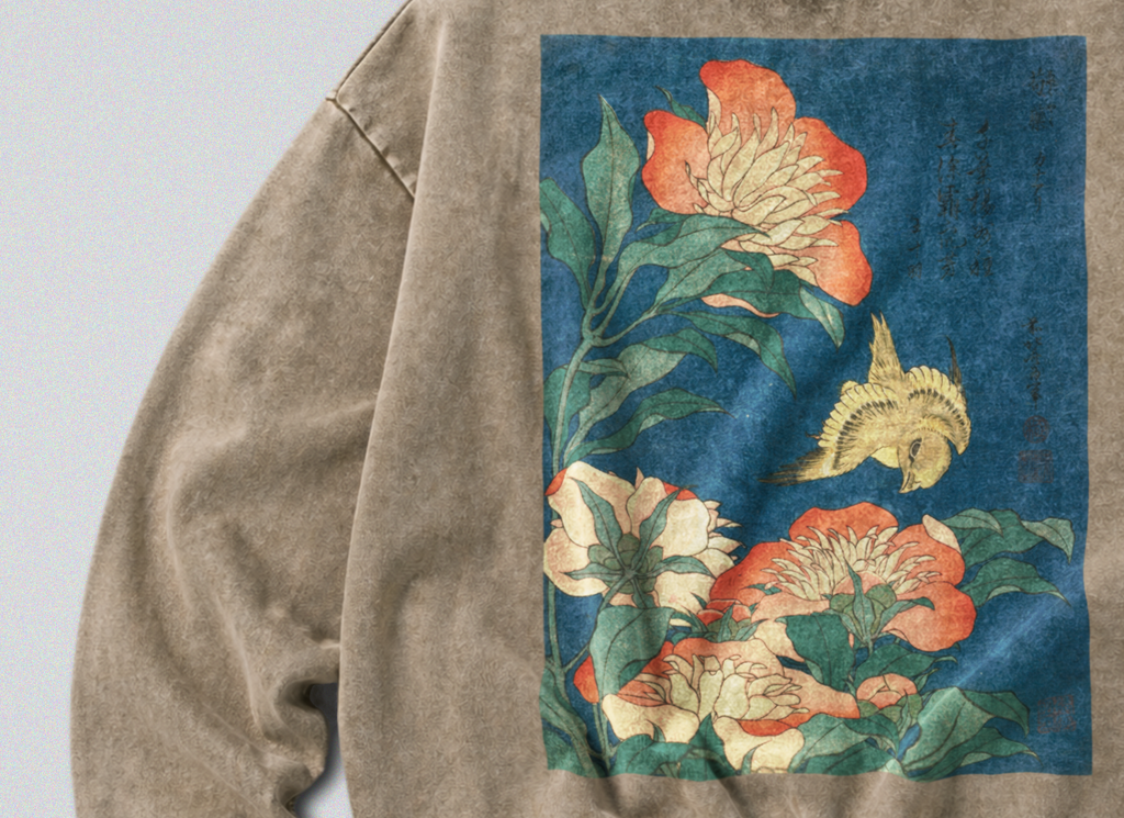 Oversized Snow Washed Cotton Sweatshirt - Japanese Flowers & Canary Print