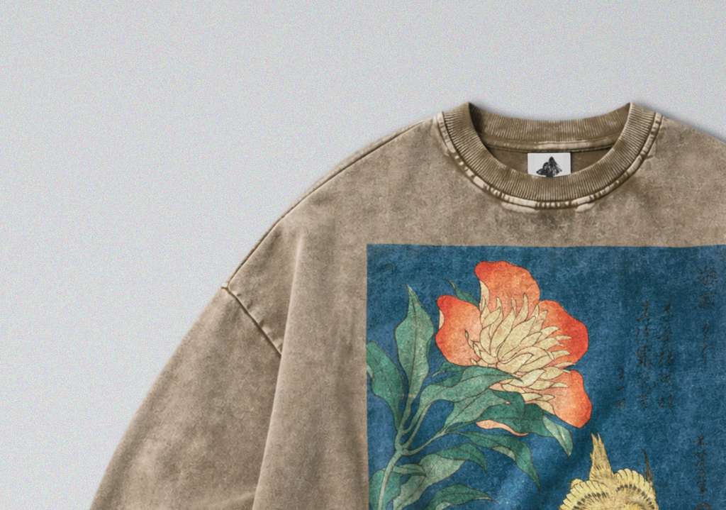 Oversized Snow Washed Cotton Sweatshirt - Japanese Flowers & Canary Print