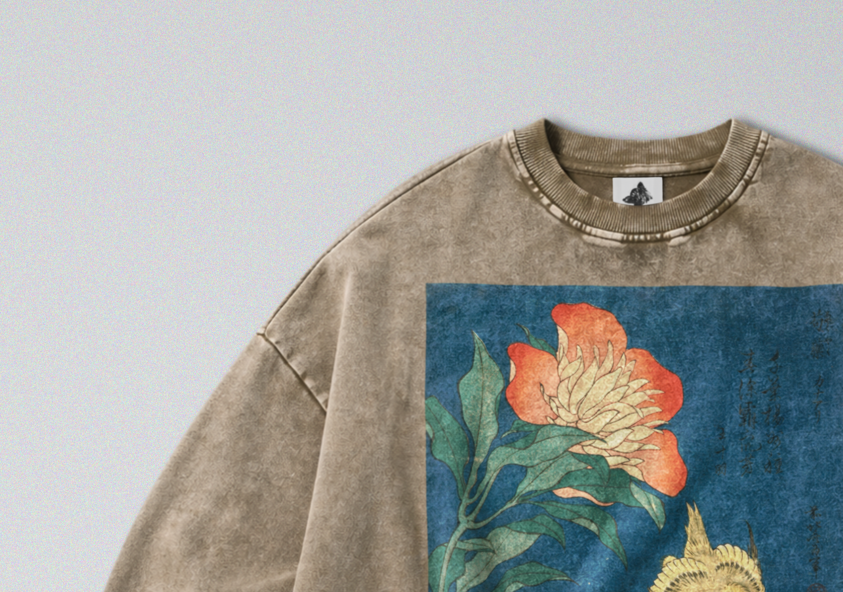 Oversized Snow Washed Cotton Sweatshirt - Japanese Flowers & Canary Print