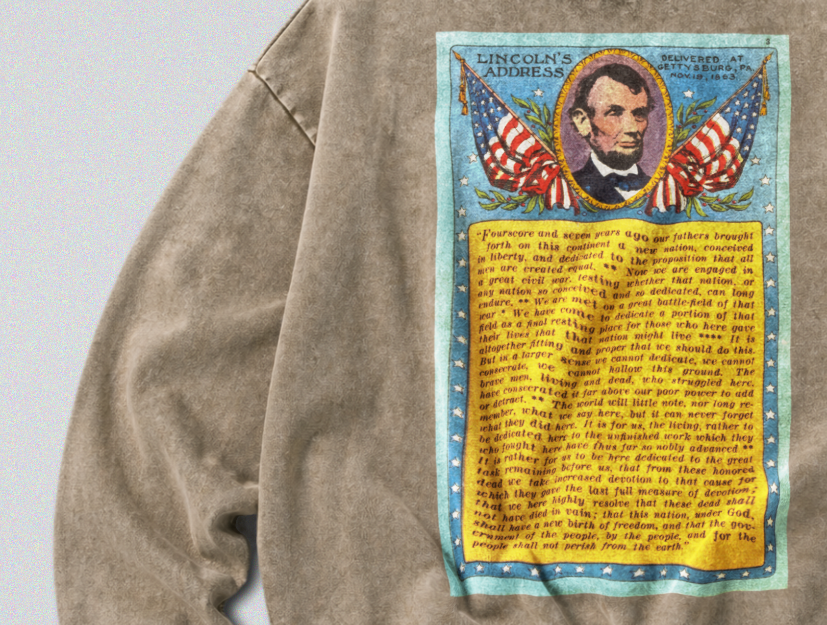 Oversized Snow Washed Cotton Sweatshirt - Lincoln's Gettysburg Speech Print