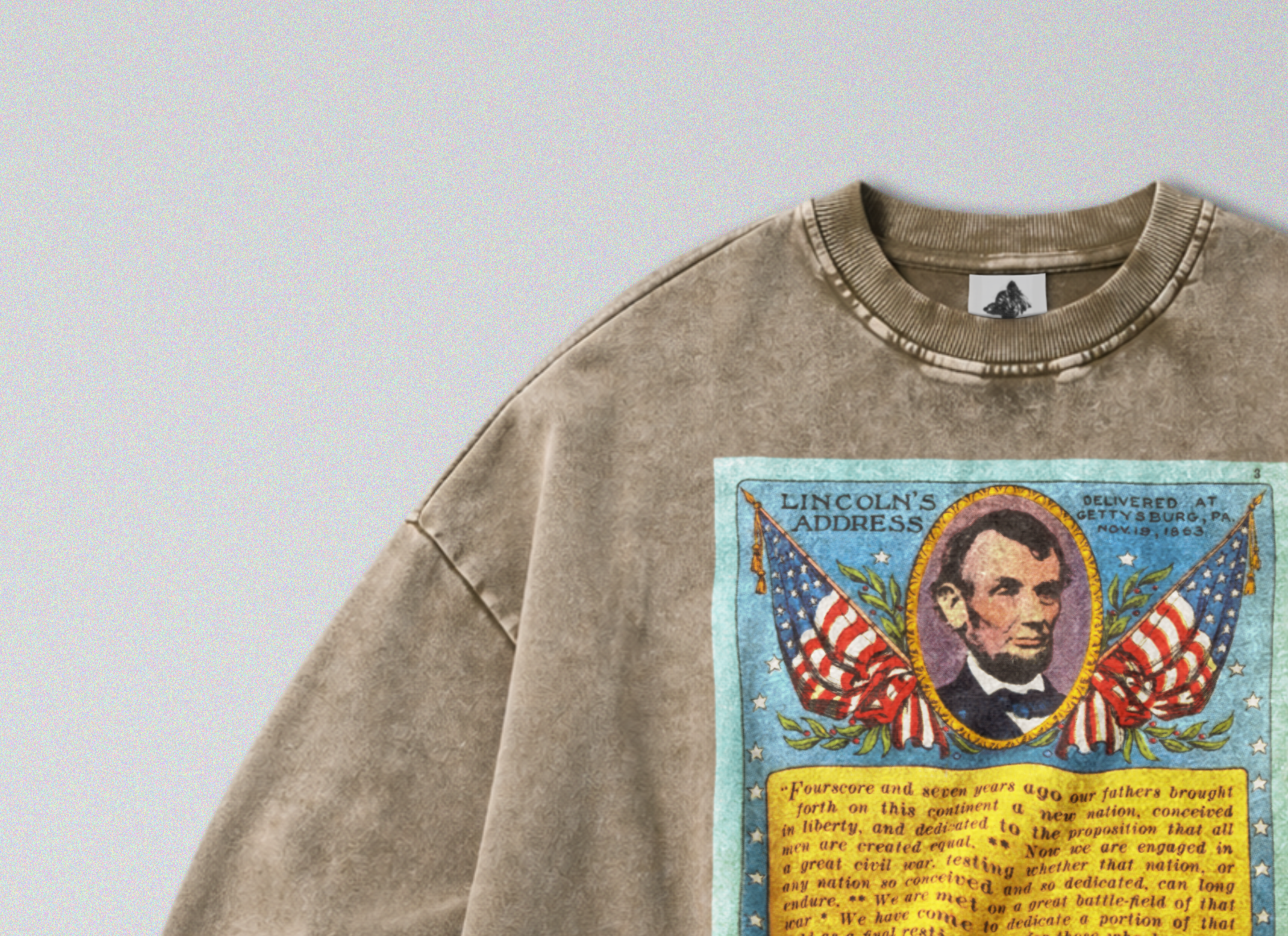 Oversized Snow Washed Cotton Sweatshirt - Lincoln's Gettysburg Speech Print