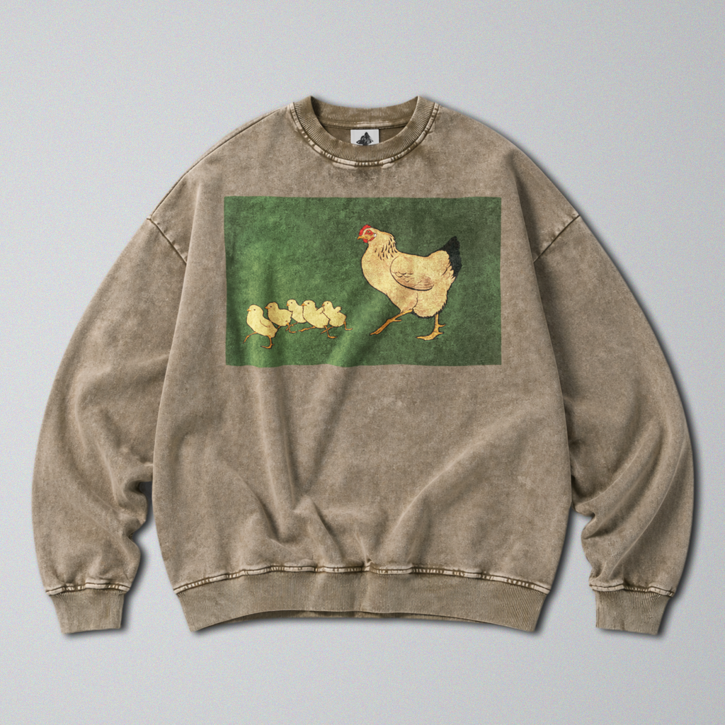 Oversized Snow Washed Cotton Sweatshirt - Hen & Chicks Print