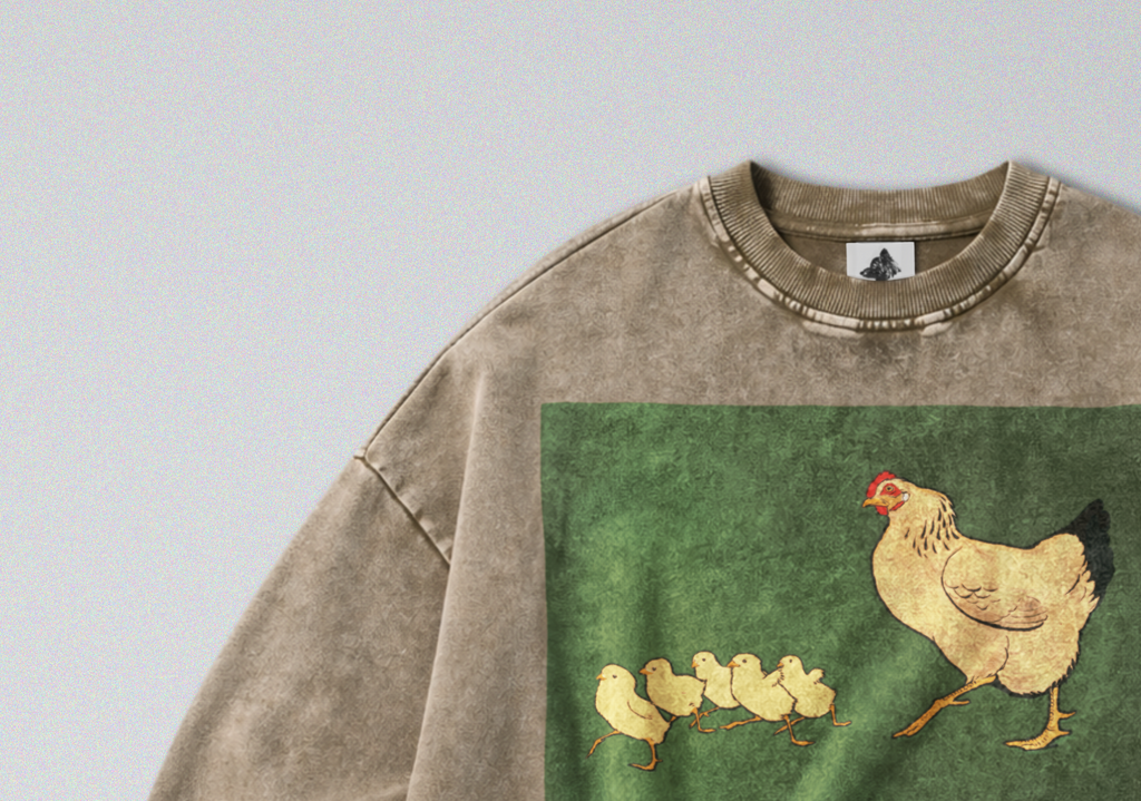 Oversized Snow Washed Cotton Sweatshirt - Hen & Chicks Print