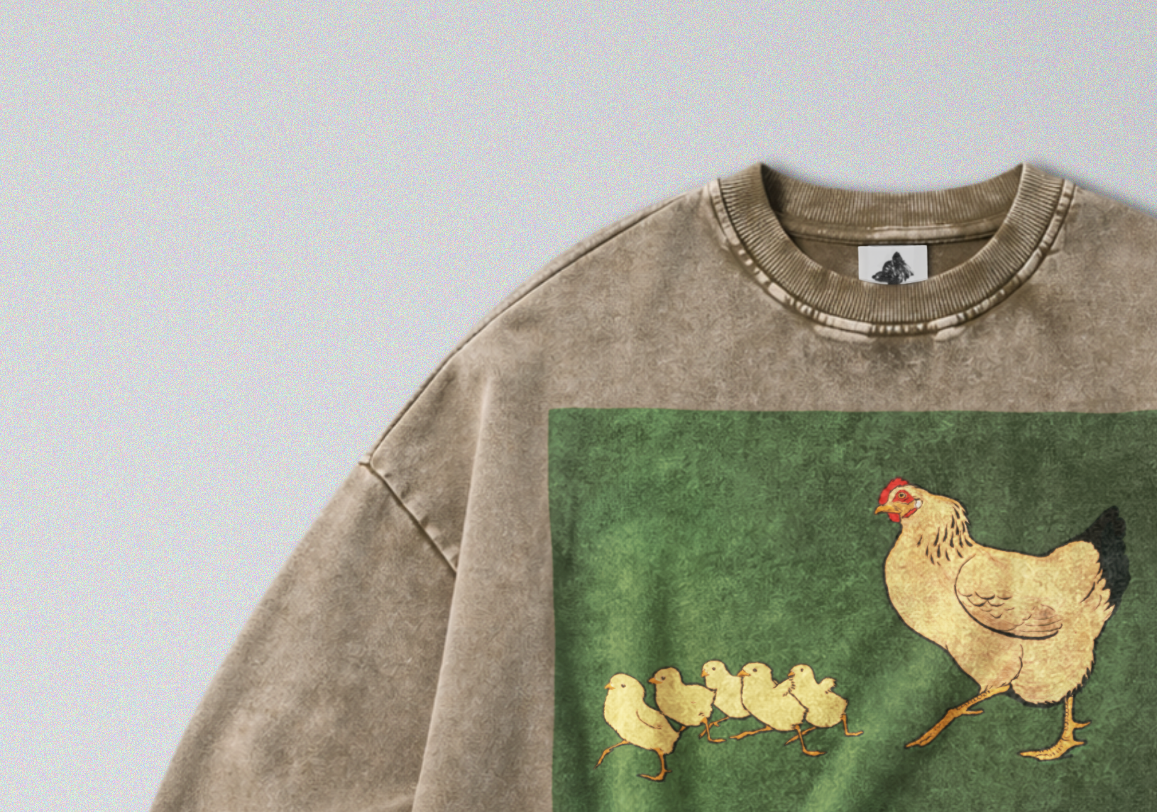 Oversized Snow Washed Cotton Sweatshirt - Hen & Chicks Print