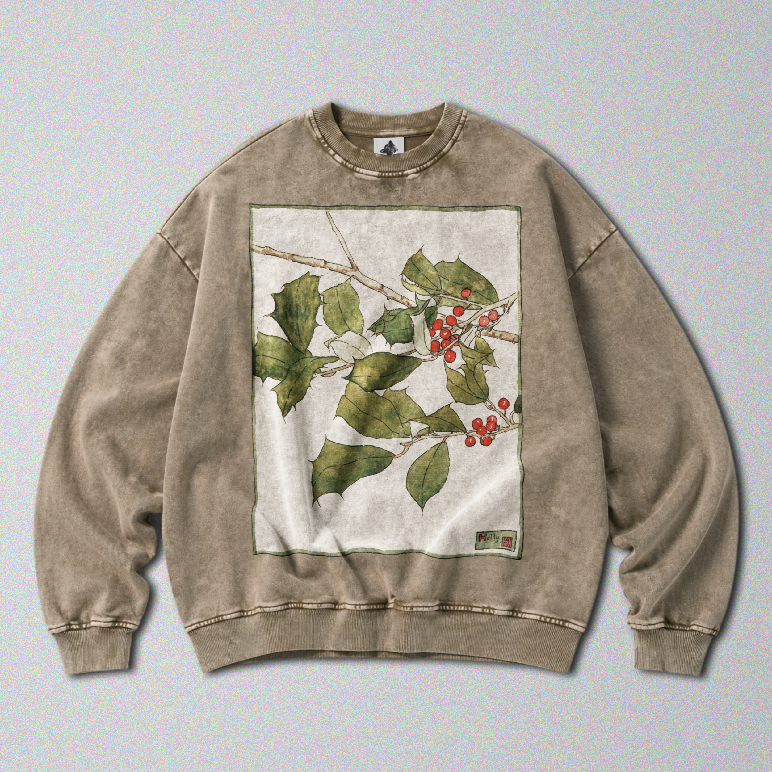 Oversized Snow Washed Cotton Sweatshirt - Holly Branch Print