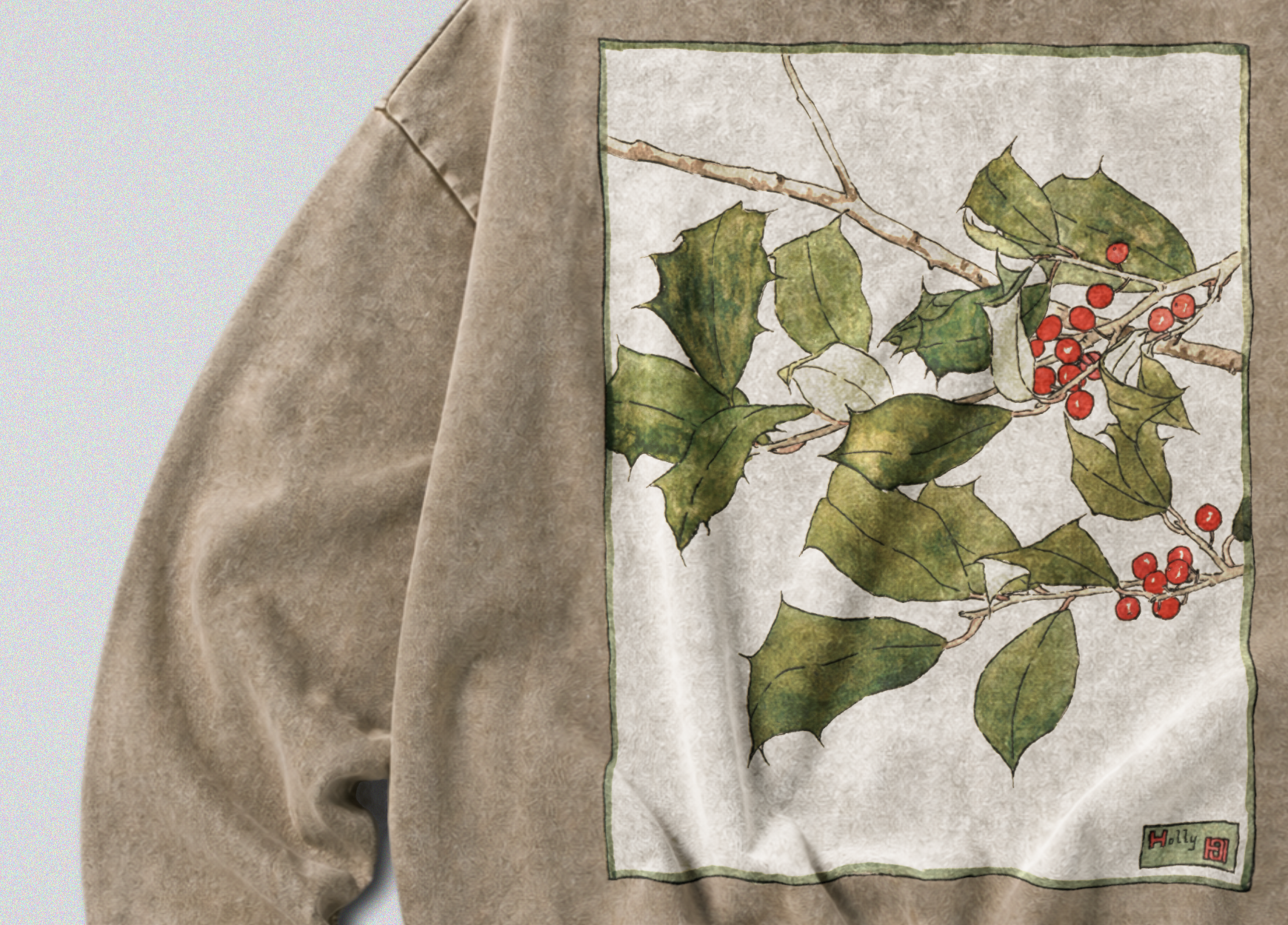 Oversized Snow Washed Cotton Sweatshirt - Holly Branch Print