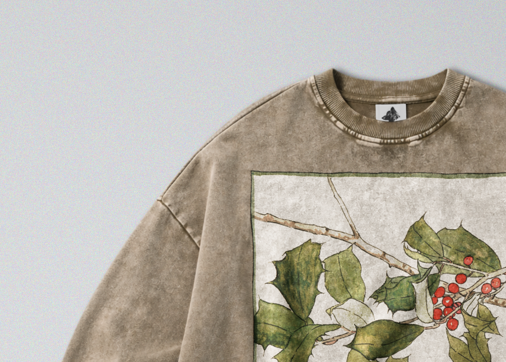 Oversized Snow Washed Cotton Sweatshirt - Holly Branch Print
