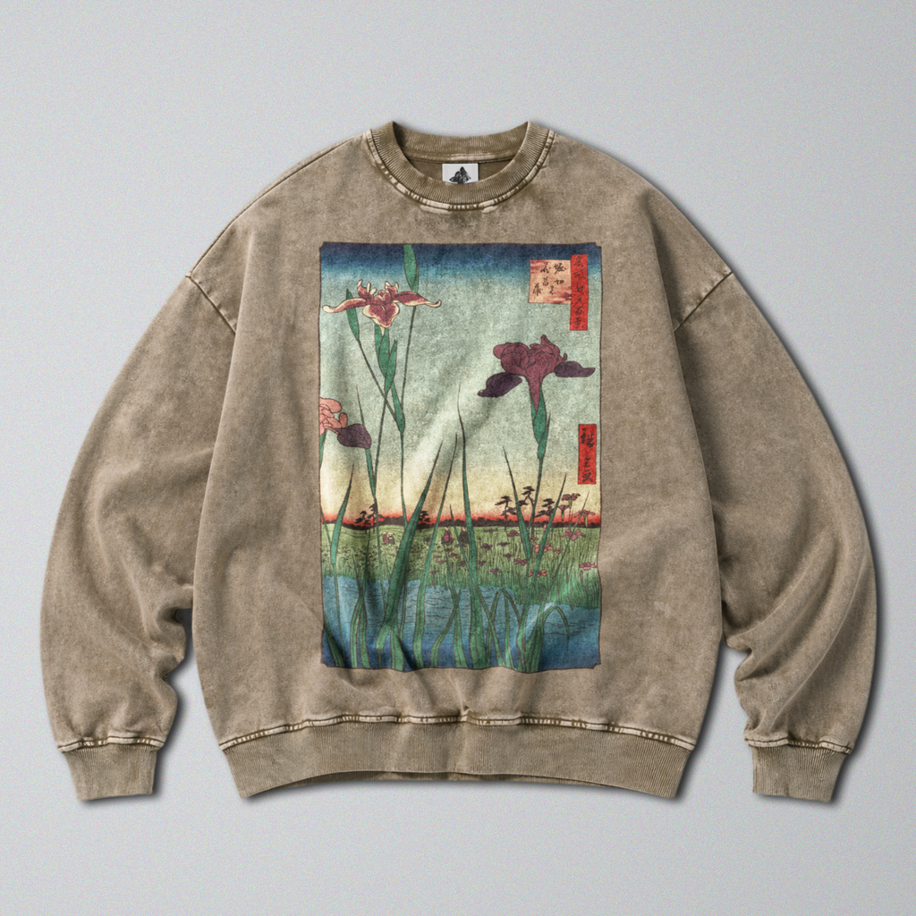 Oversized Snow Washed Cotton Sweatshirt - Japanese Iris Garden Print