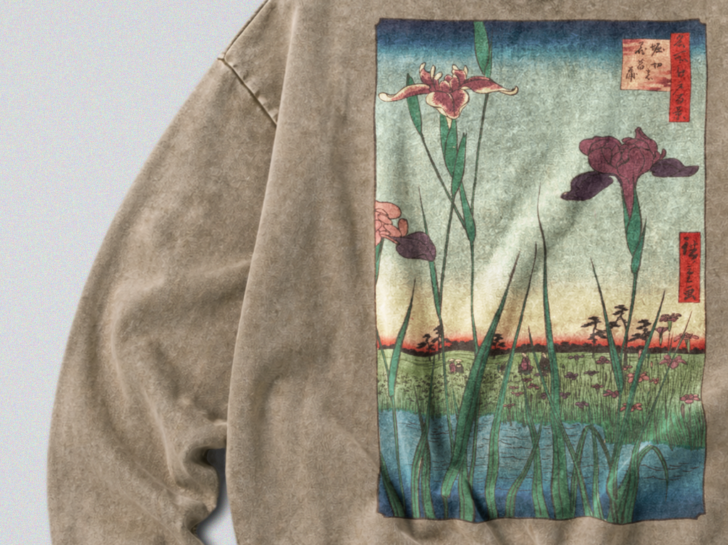 Oversized Snow Washed Cotton Sweatshirt - Japanese Iris Garden Print