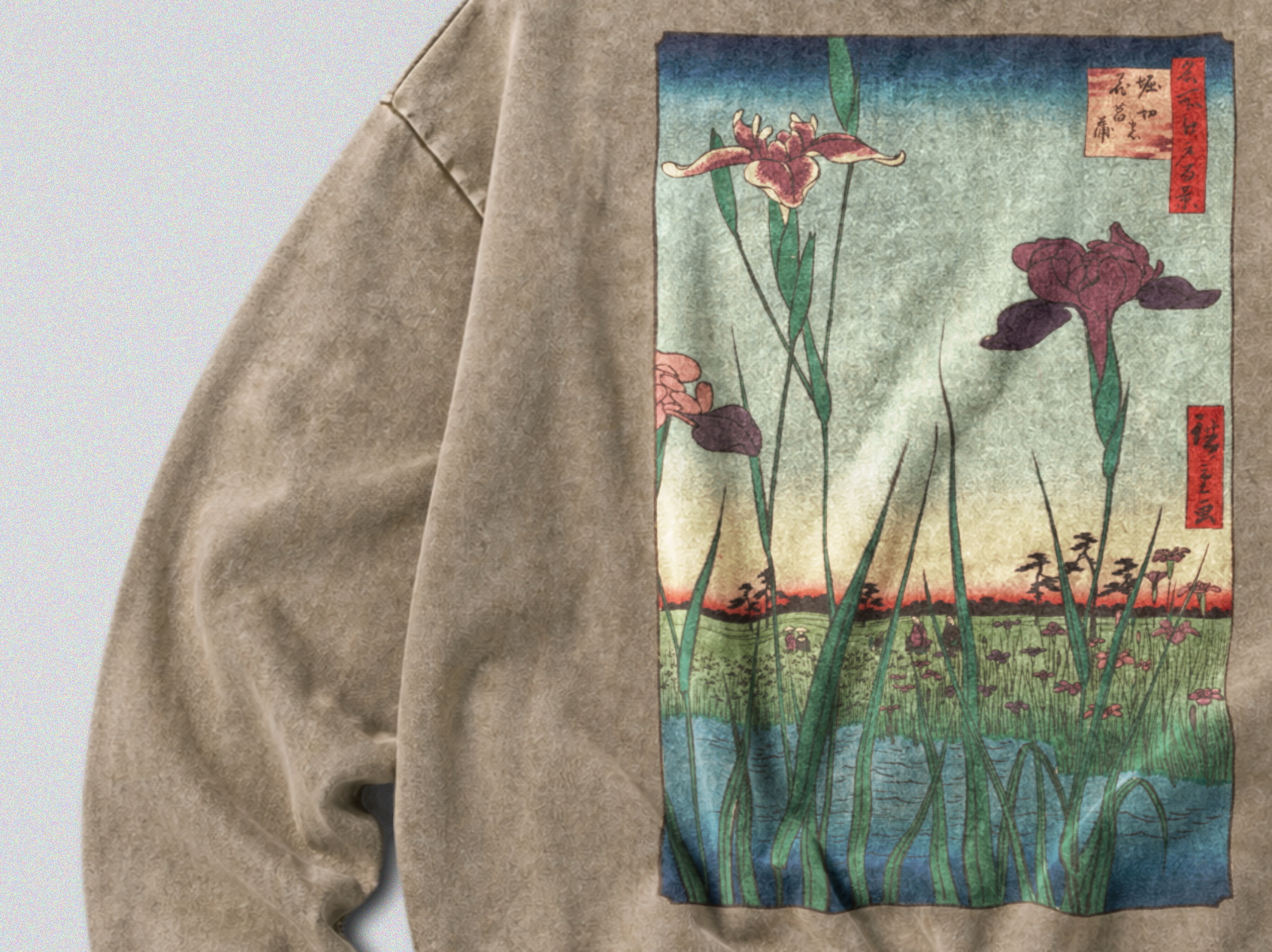 Oversized Snow Washed Cotton Sweatshirt - Japanese Iris Garden Print