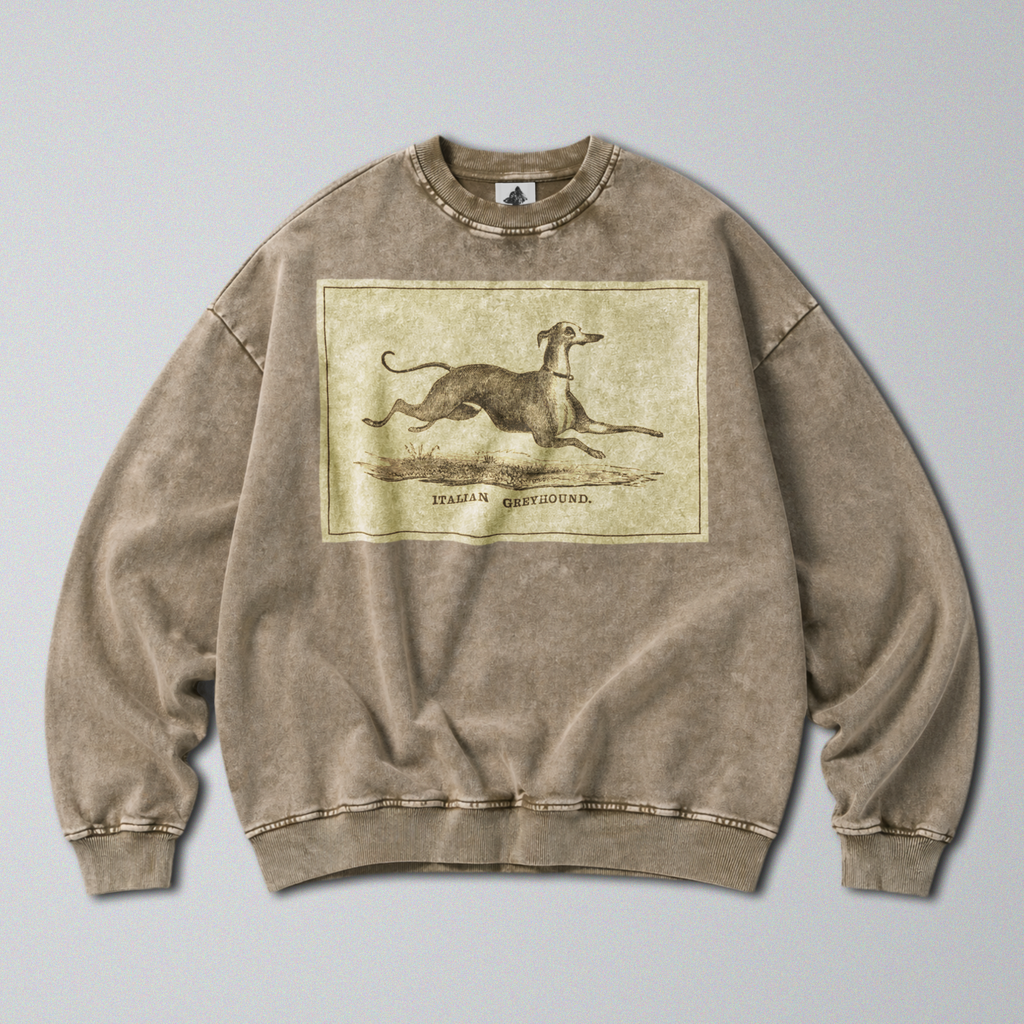 Oversized Snow Washed Cotton Sweatshirt - Italian Greyhound Print