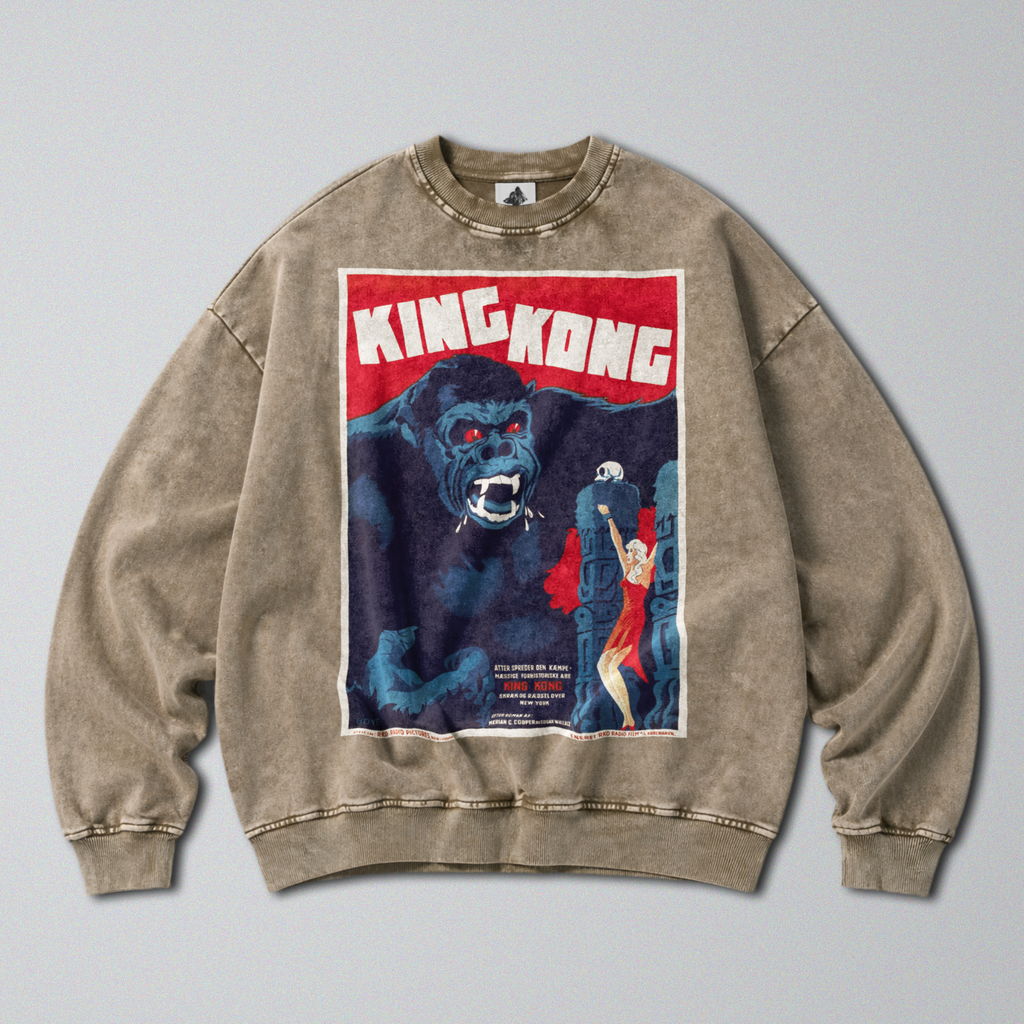Oversized Snow Washed Cotton Sweatshirt - King Kong Movie Poster Print