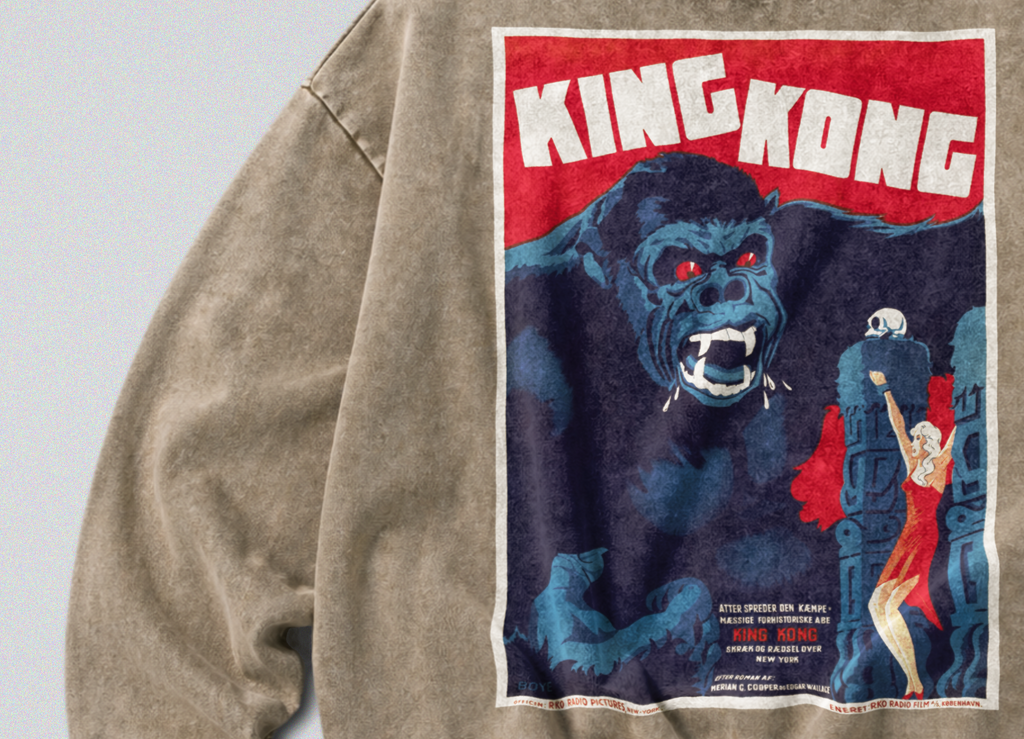Oversized Snow Washed Cotton Sweatshirt - King Kong Movie Poster Print