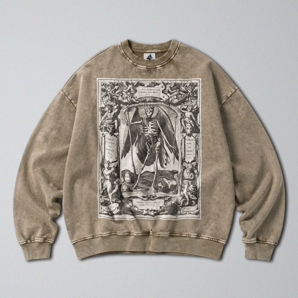 Oversized Snow Washed Cotton Sweatshirt - Memento Mori & Angel of Death Print