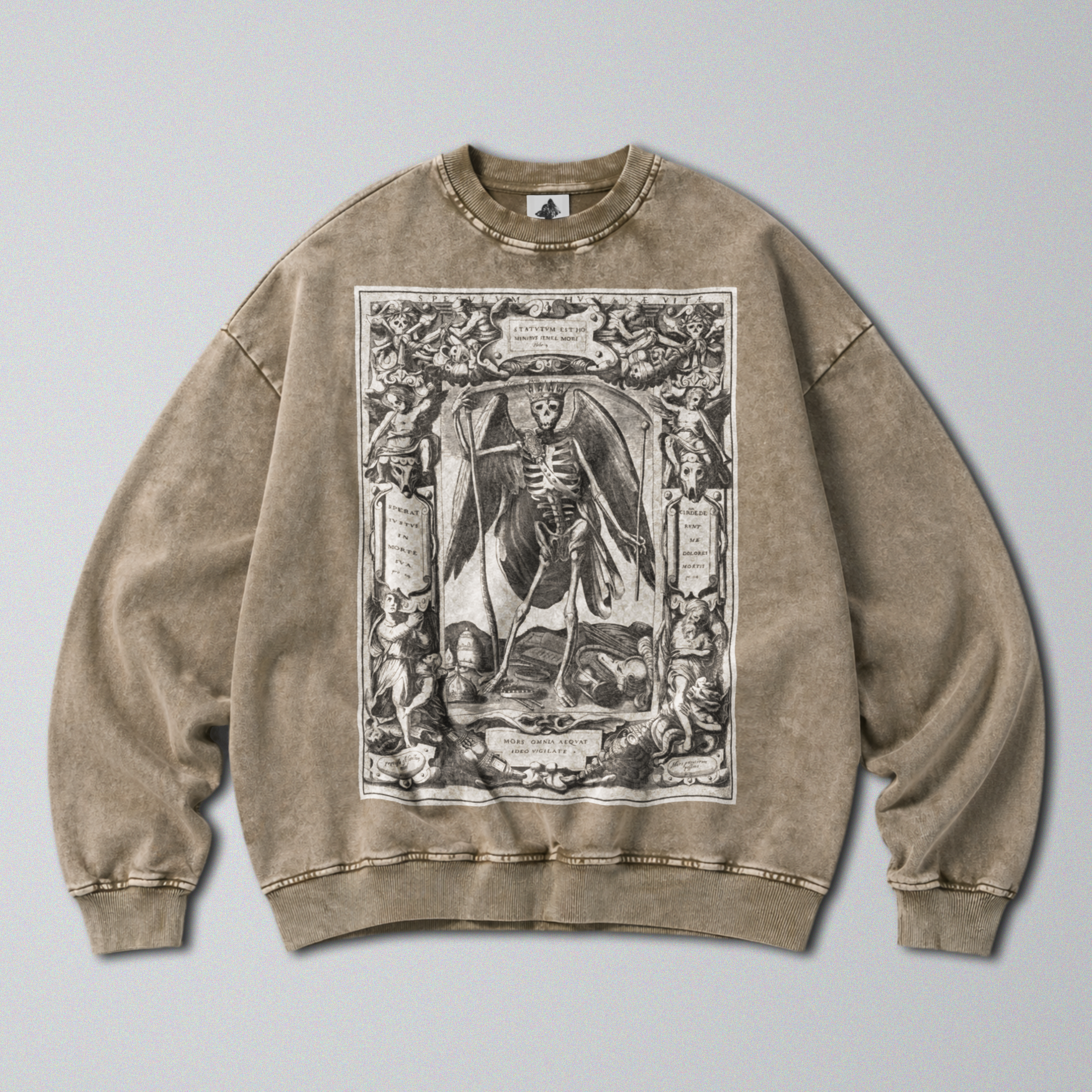 Oversized Snow Washed Cotton Sweatshirt - Memento Mori & Angel of Death Print