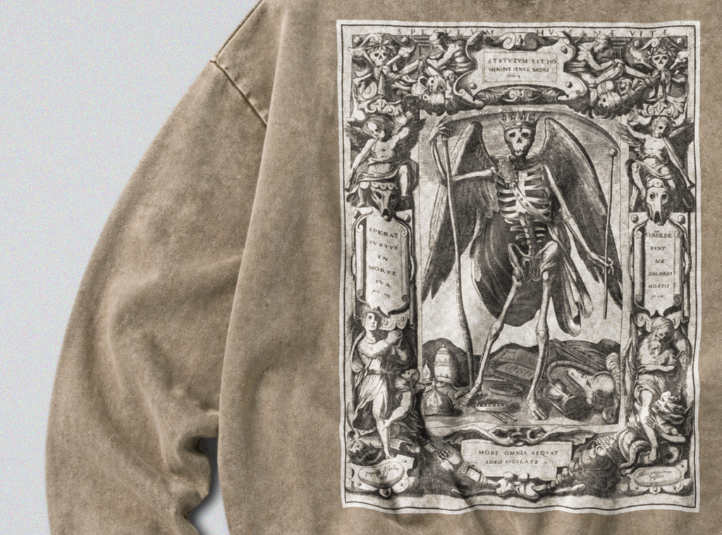 Oversized Snow Washed Cotton Sweatshirt - Memento Mori & Angel of Death Print