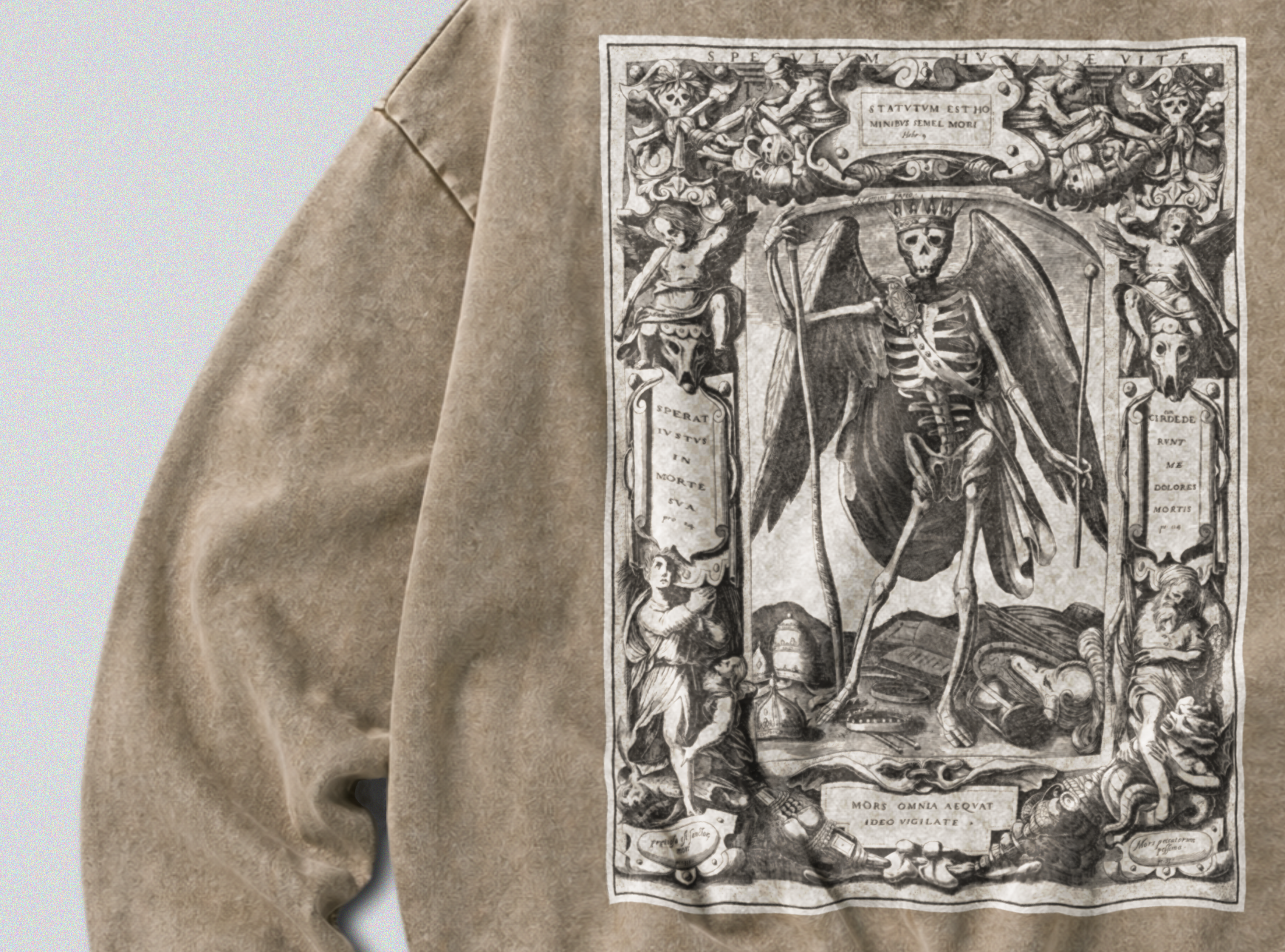 Oversized Snow Washed Cotton Sweatshirt - Memento Mori & Angel of Death Print