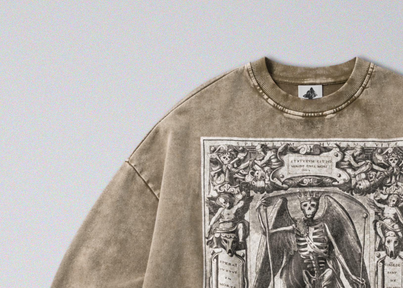 Oversized Snow Washed Cotton Sweatshirt - Memento Mori & Angel of Death Print
