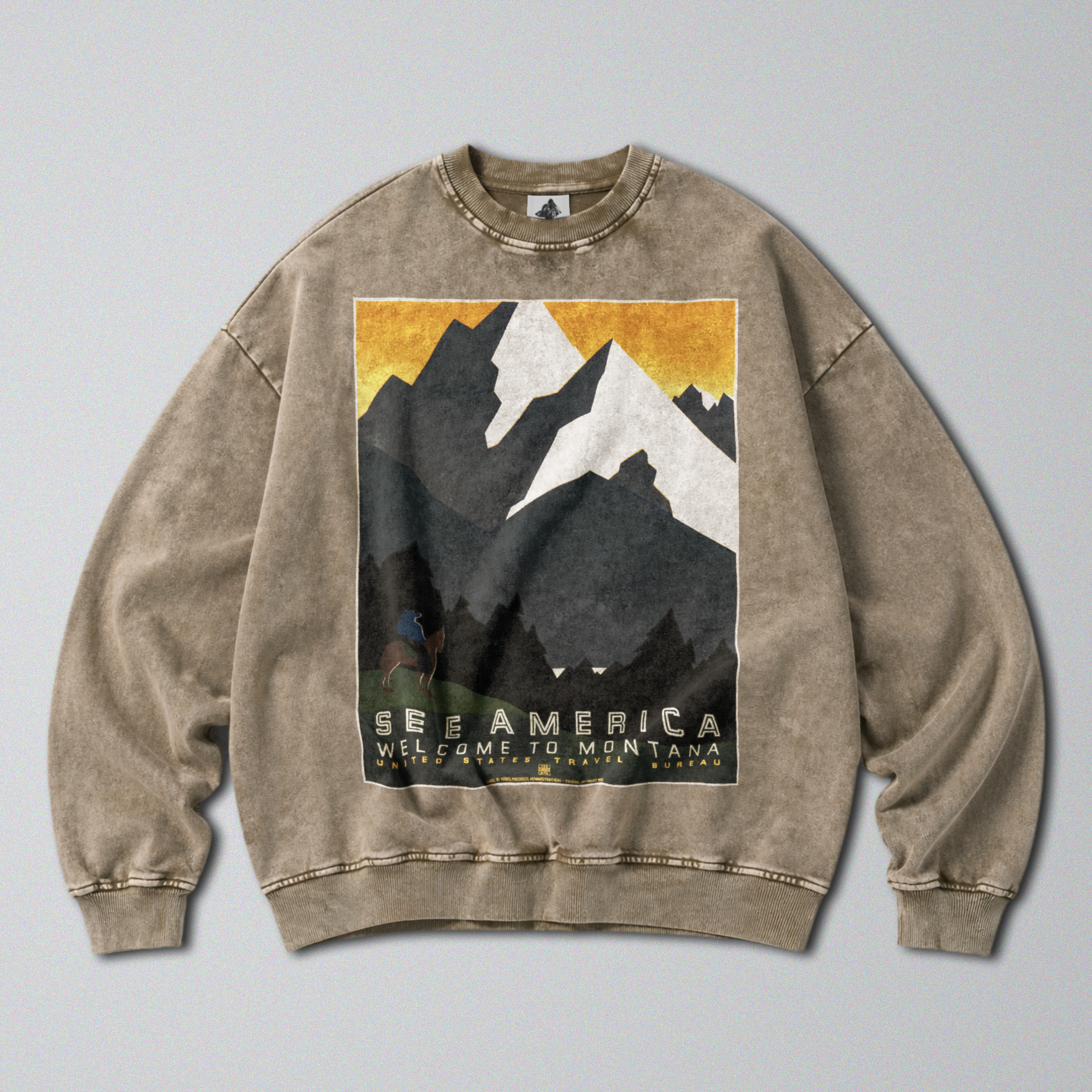 Oversized Snow Washed Cotton Sweatshirt - Mountains of Montana Print