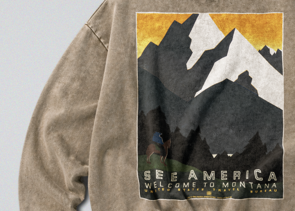 Oversized Snow Washed Cotton Sweatshirt - Mountains of Montana Print