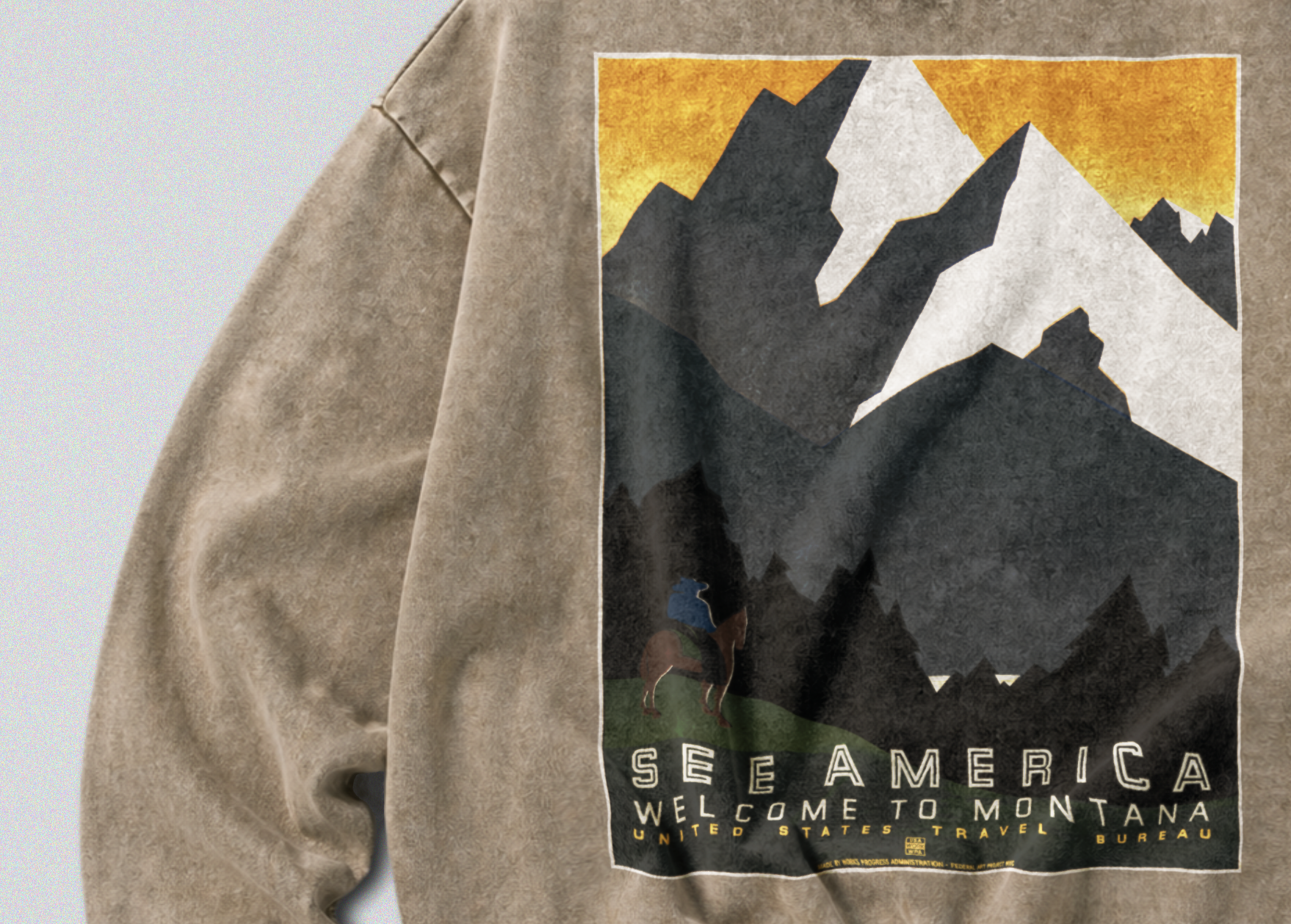 Oversized Snow Washed Cotton Sweatshirt - Mountains of Montana Print