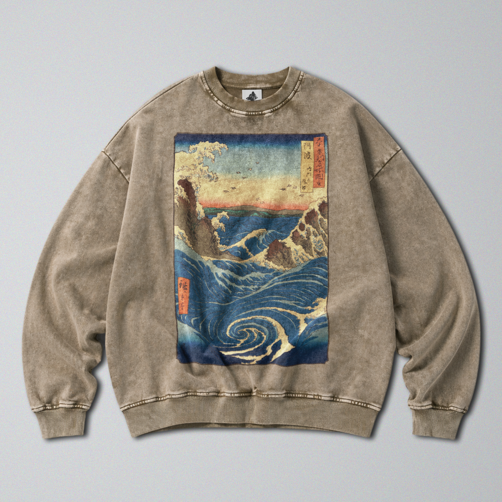 Oversized Snow Washed Cotton Sweatshirt - Japanese Crashing Ocean Print