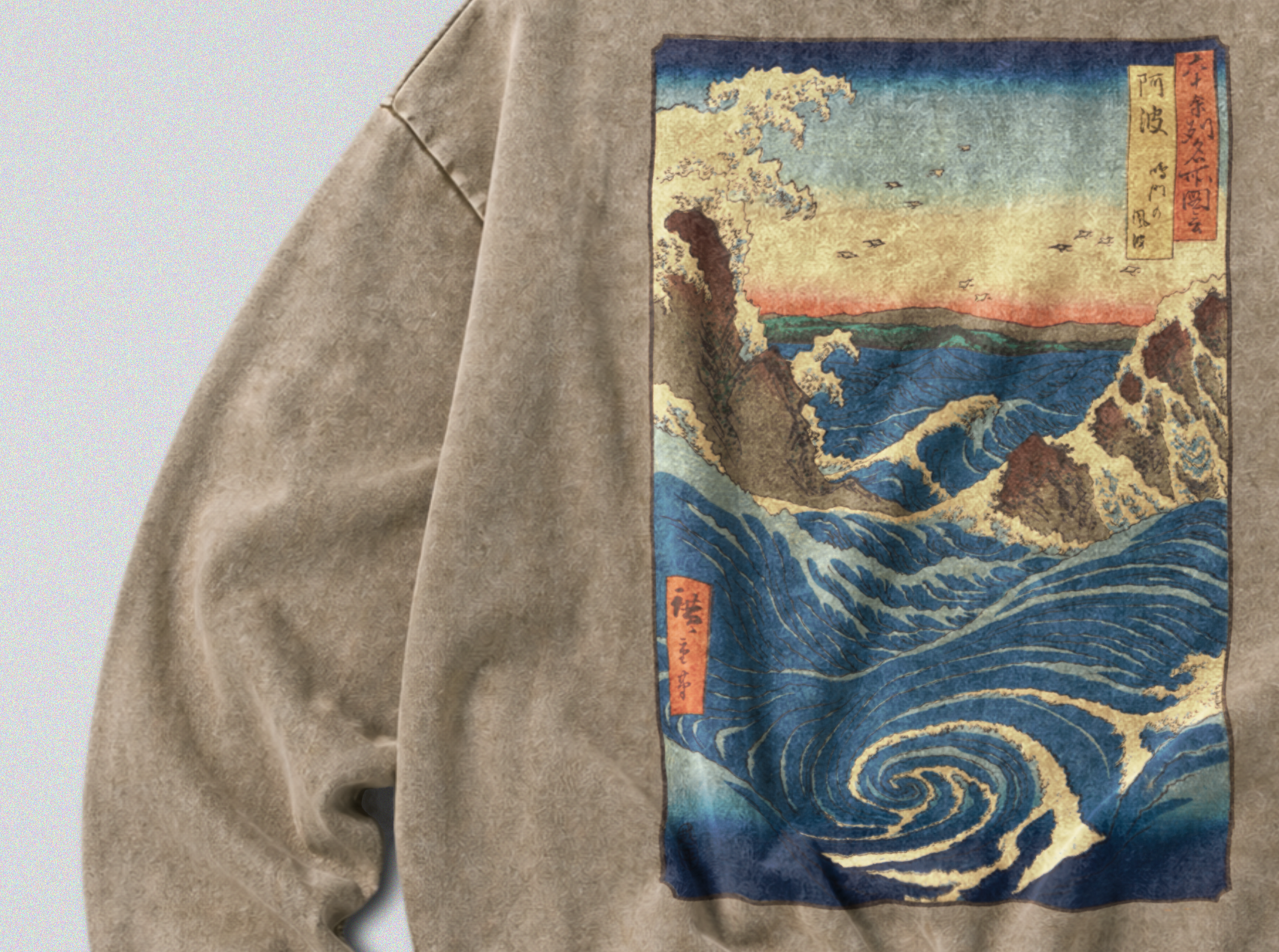Oversized Snow Washed Cotton Sweatshirt - Japanese Crashing Ocean Print