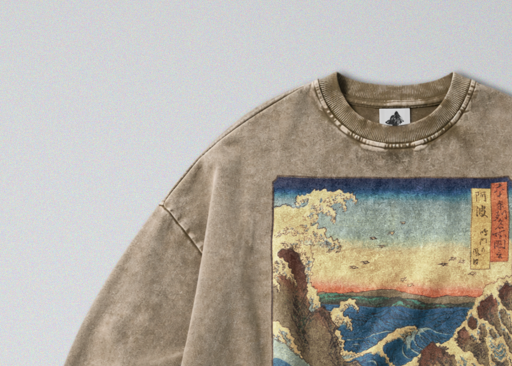 Oversized Snow Washed Cotton Sweatshirt - Japanese Crashing Ocean Print