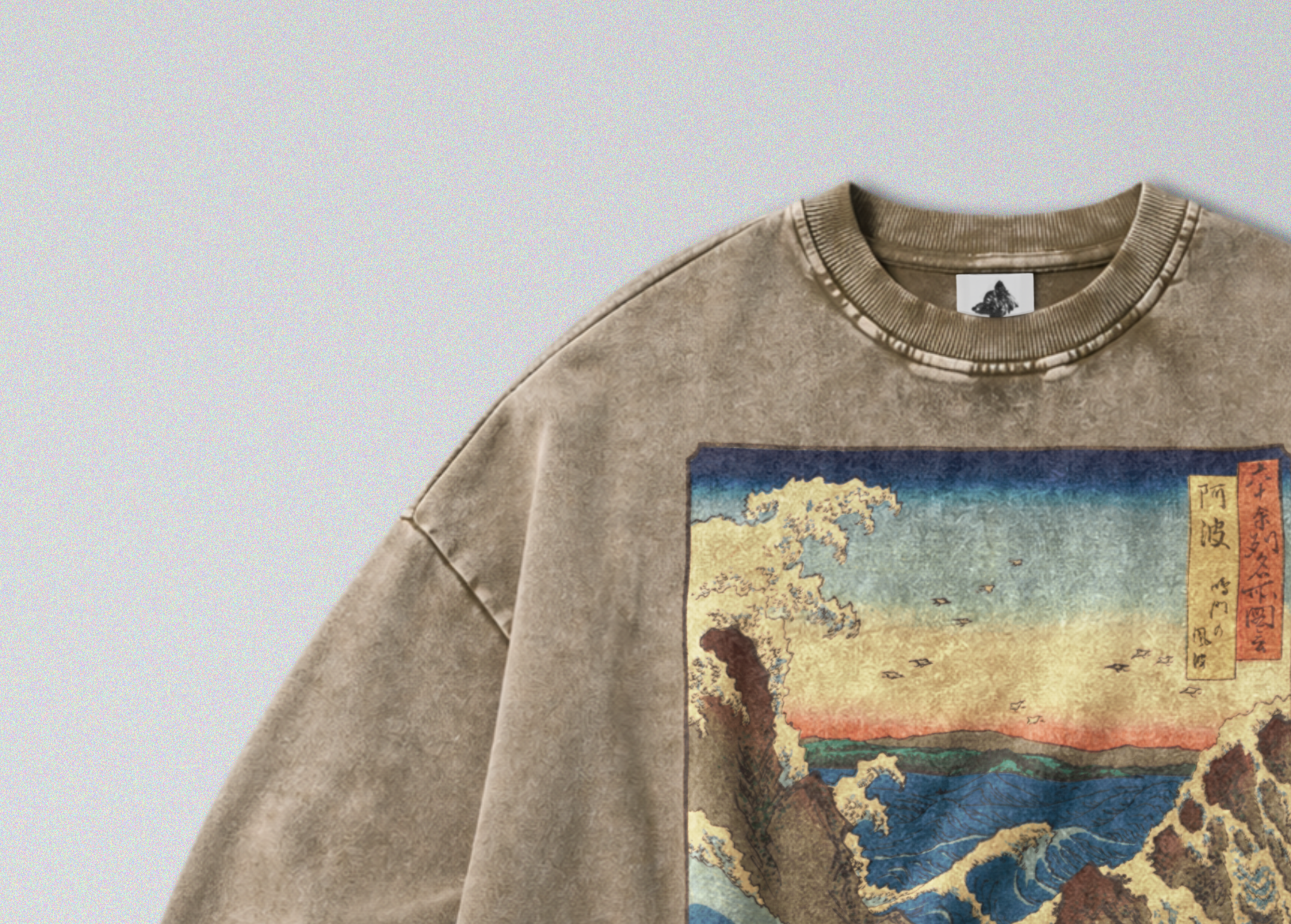 Oversized Snow Washed Cotton Sweatshirt - Japanese Crashing Ocean Print