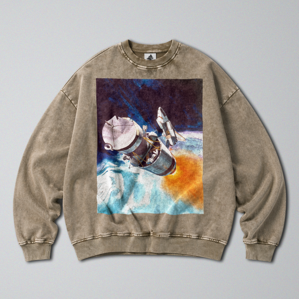 Oversized Snow Washed Cotton Sweatshirt - NASA Spaceship in Orbit Print