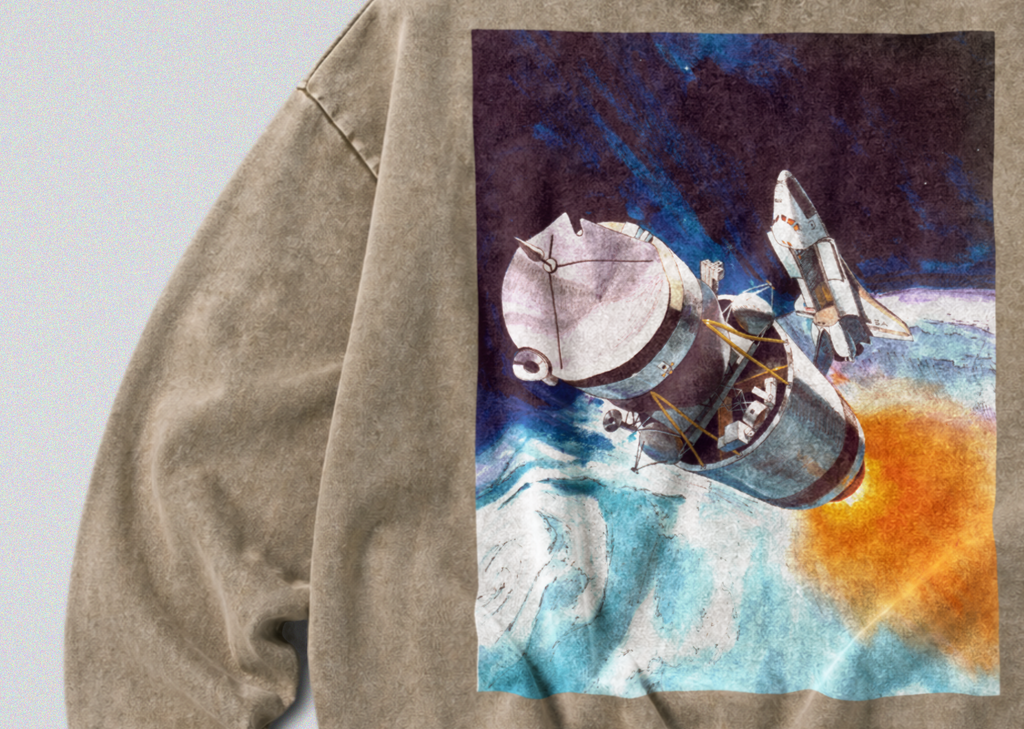 Oversized Snow Washed Cotton Sweatshirt - NASA Spaceship in Orbit Print