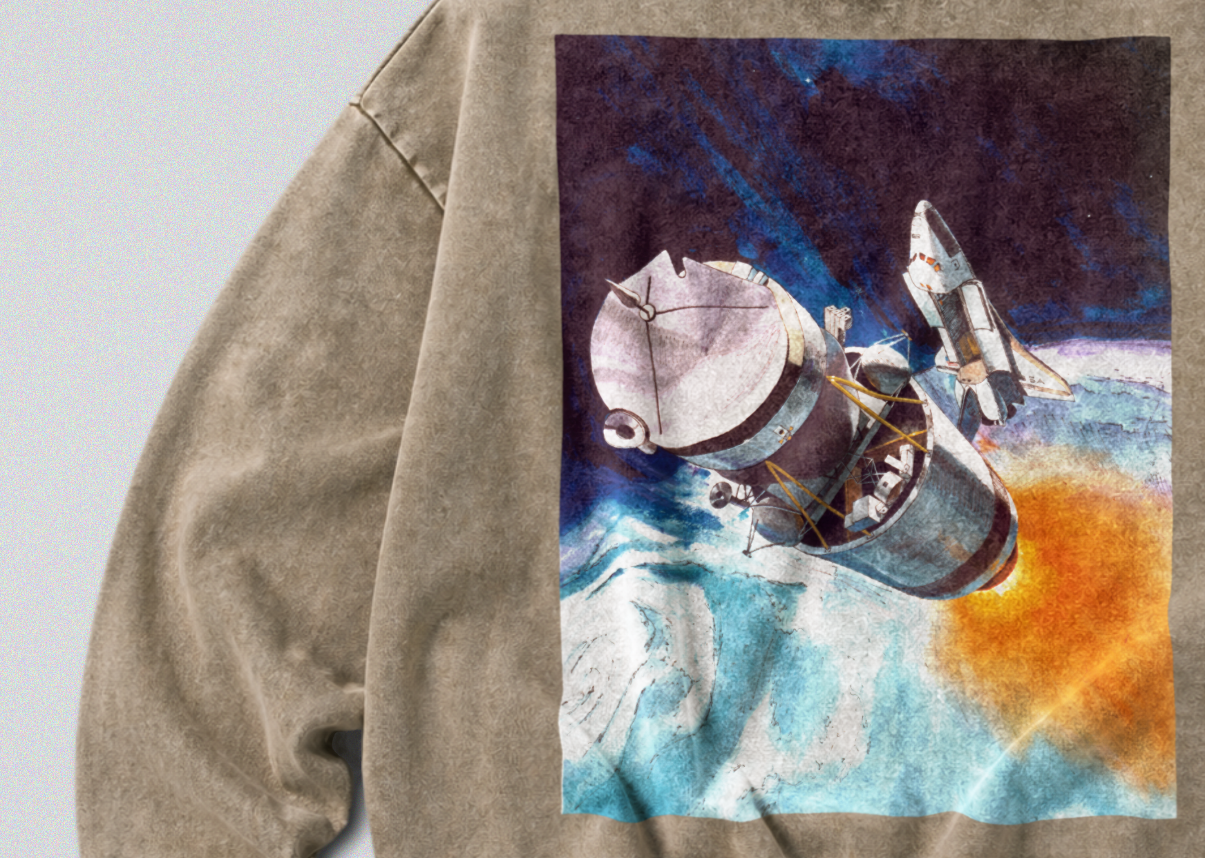 Oversized Snow Washed Cotton Sweatshirt - NASA Spaceship in Orbit Print