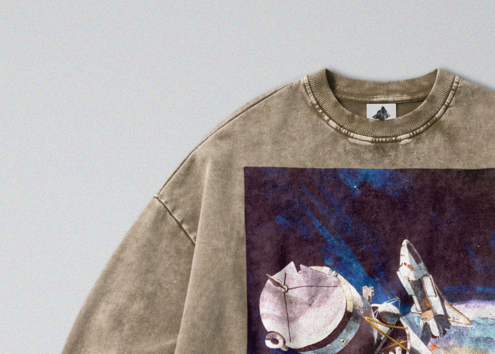 Oversized Snow Washed Cotton Sweatshirt - NASA Spaceship in Orbit Print