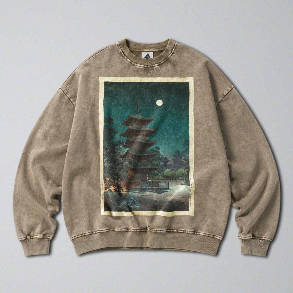 Oversized Snow Washed Cotton Sweatshirt - Japan's Asakusa Kinryuzan Temple