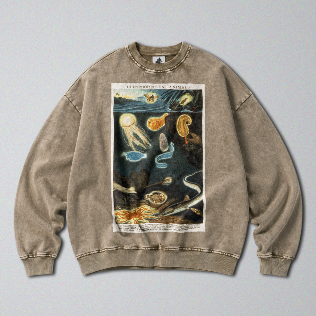 Oversized Snow Washed Cotton Sweatshirt - Bioluminescent Sea Animals Print