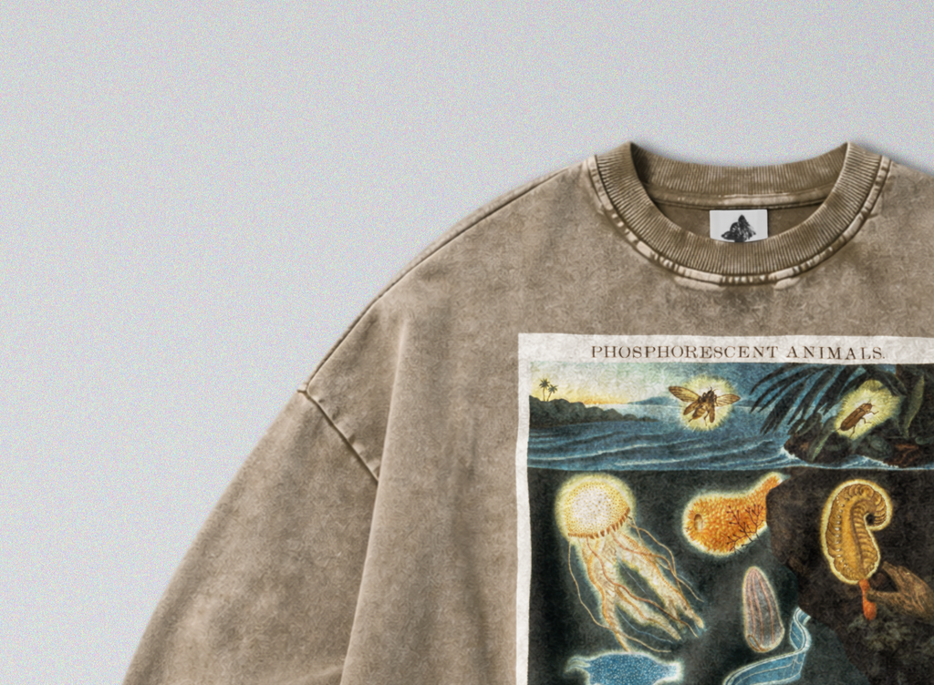 Oversized Snow Washed Cotton Sweatshirt - Bioluminescent Sea Animals Print
