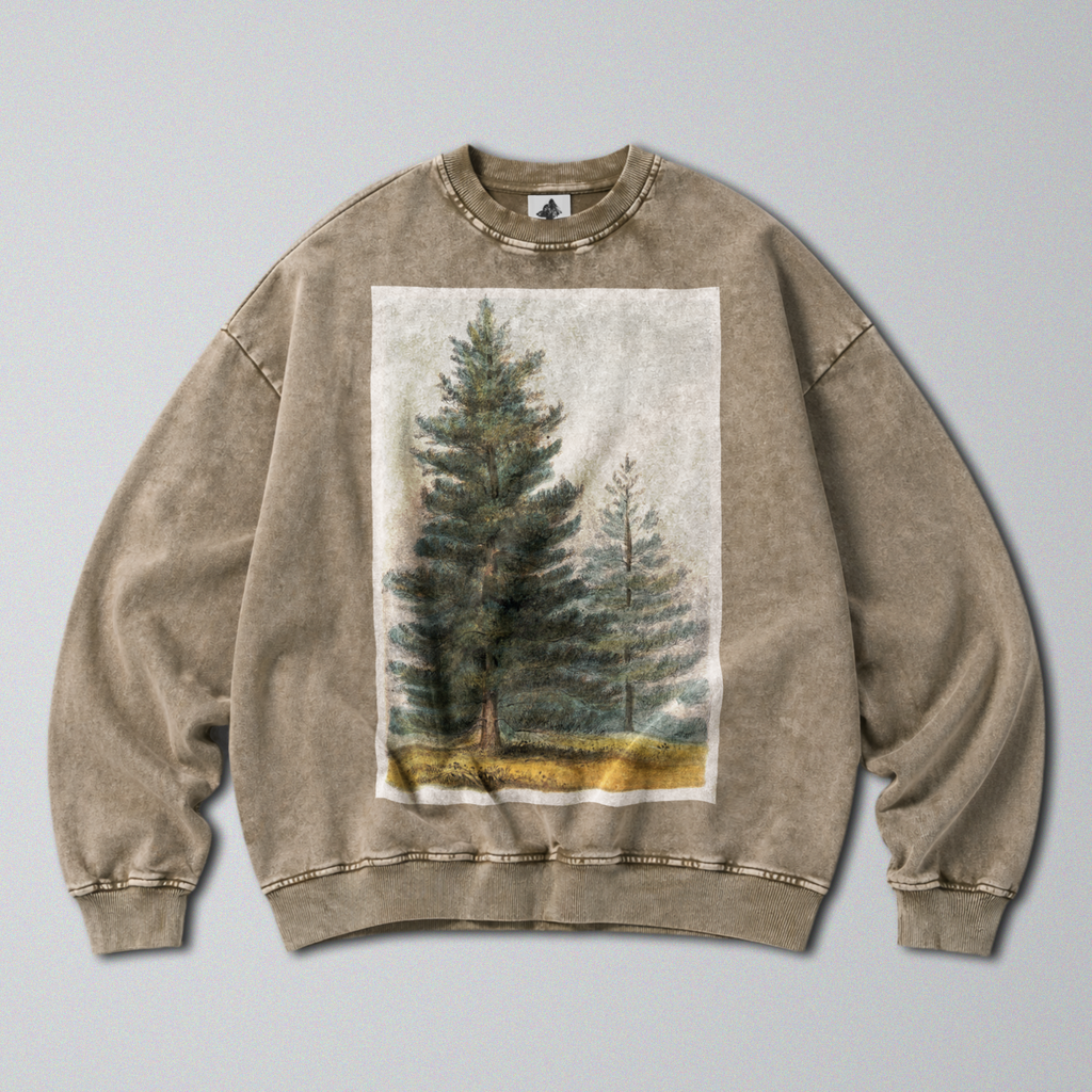 Oversized Snow Washed Cotton Sweatshirt - Pine Tree Forest Print