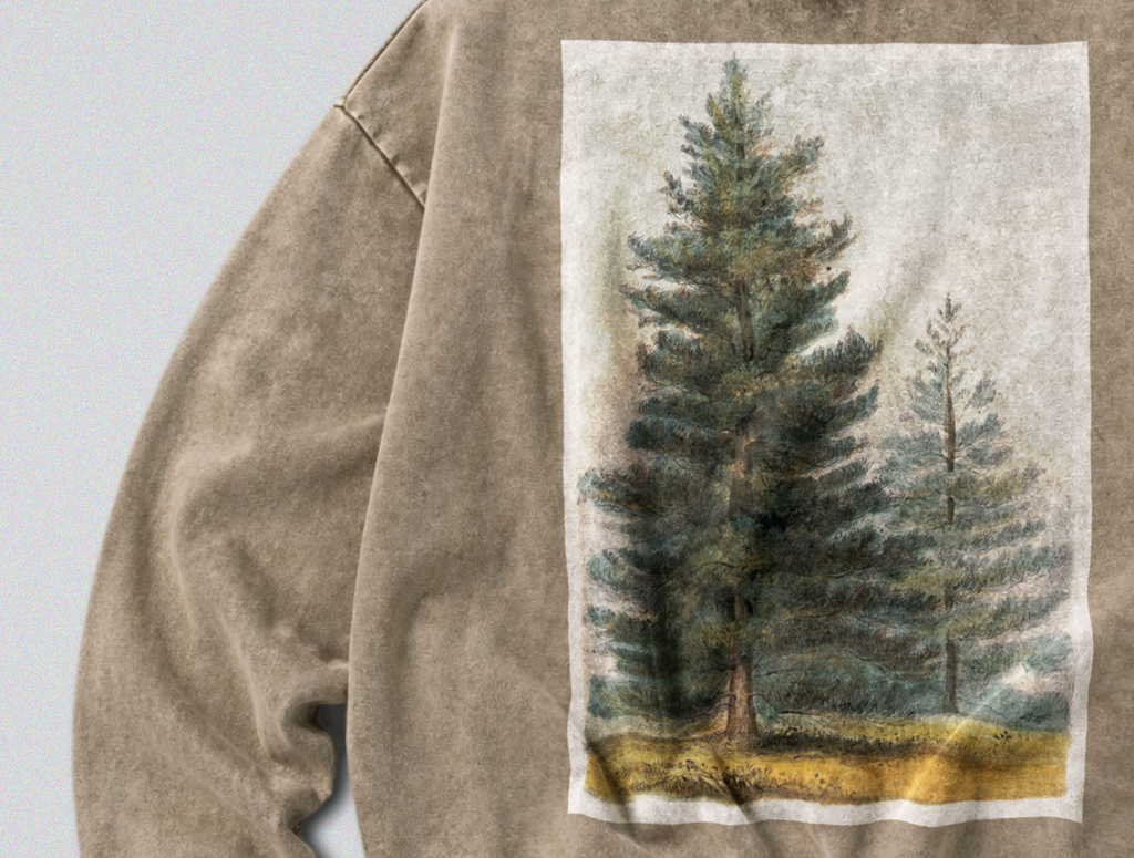 Oversized Snow Washed Cotton Sweatshirt - Pine Tree Forest Print